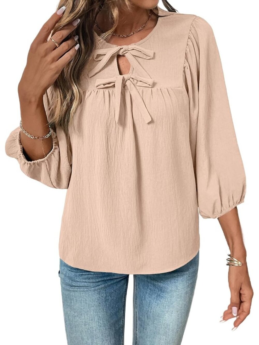 Womens Tops 3/4 Sleeves Blouse Babydoll Dressy Casual Top Elegant Bow Tie Loose